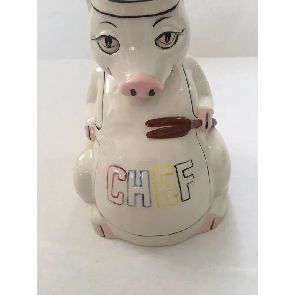 Pig Chef Vtg Piggy Bank Ceramic White Collectible Kitchen - Missing Bottom Cover